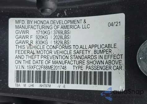 2021 Honda Civic Sport from USA, damaged, VIN 19XFC2F88ME201748